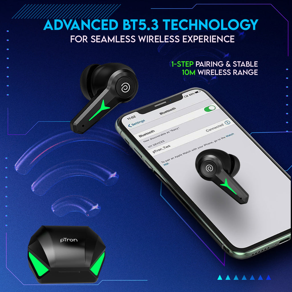 pTron PlayBuds 2 in-Ear TWS Earbuds Bluetooth V5.3 Headphones, (Raven Black)