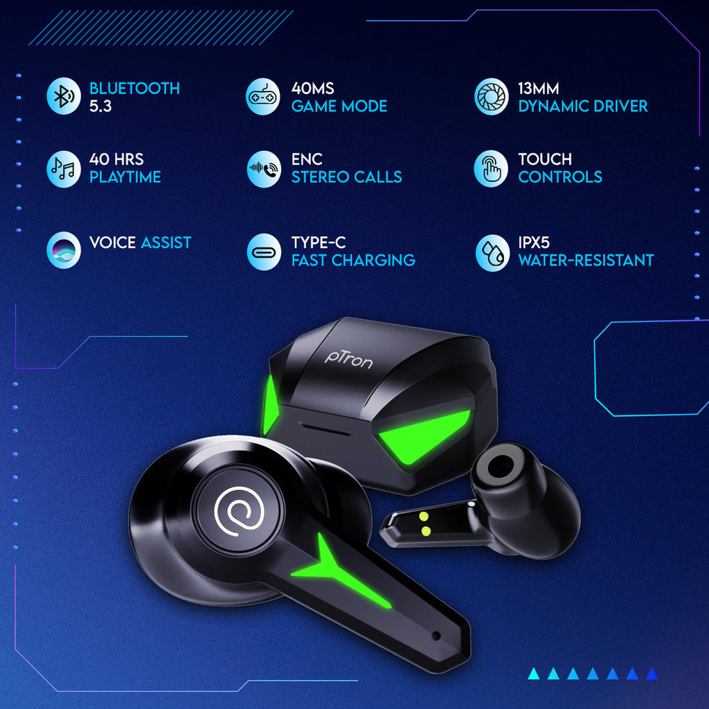 pTron PlayBuds 2 in-Ear TWS Earbuds Bluetooth V5.3 Headphones, (Raven Black)