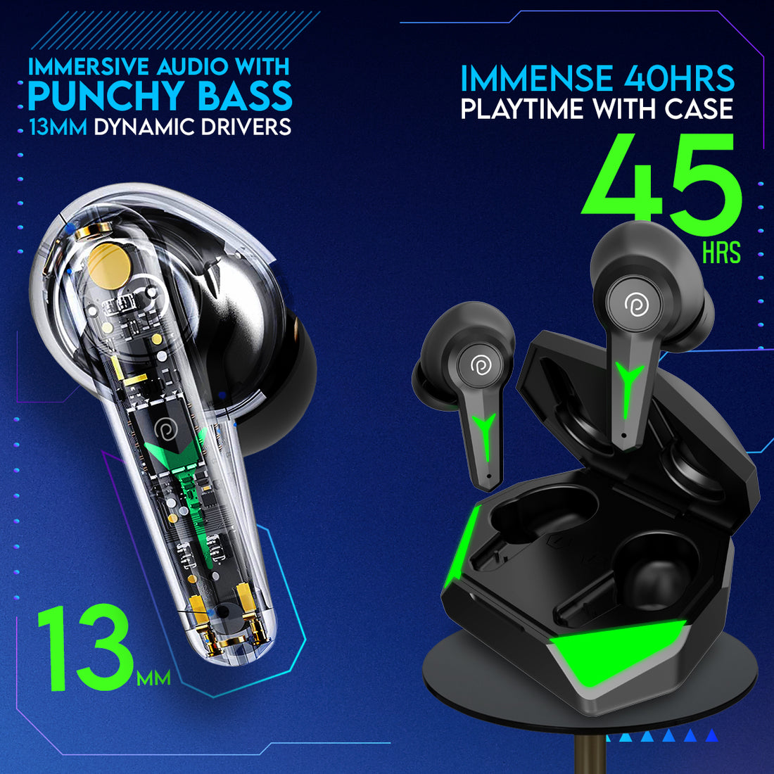 pTron PlayBuds 2 in-Ear TWS Earbuds Bluetooth V5.3 Headphones, (Raven Black)